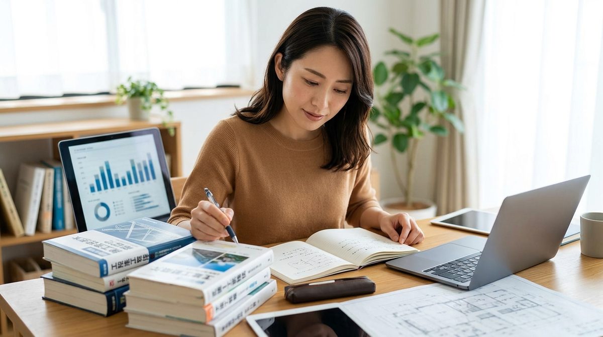 自宅の机で専門書、PC、図面を広げノートに書き込む女性