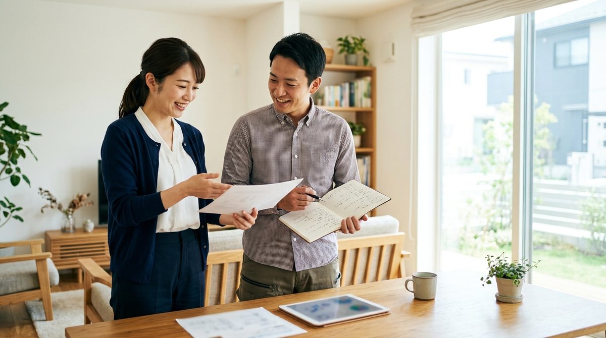 書類を見せる女性とノートに書く男性がリビングで笑顔