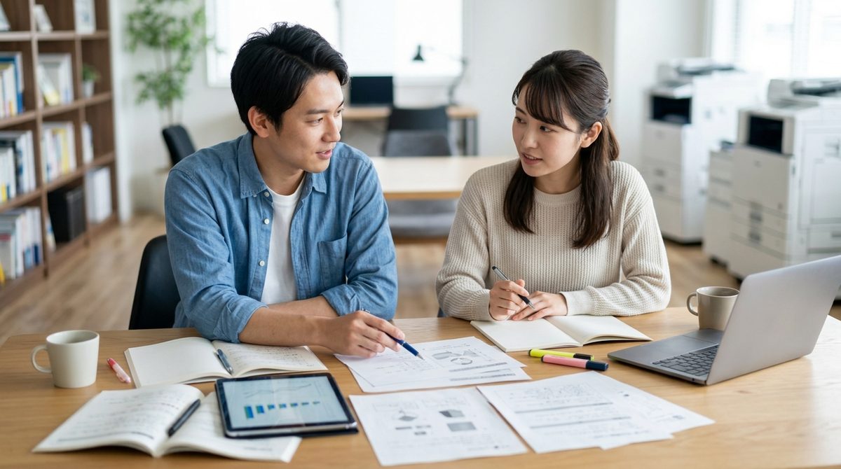オフィスで男女が資料を見ながらペンを使い議論