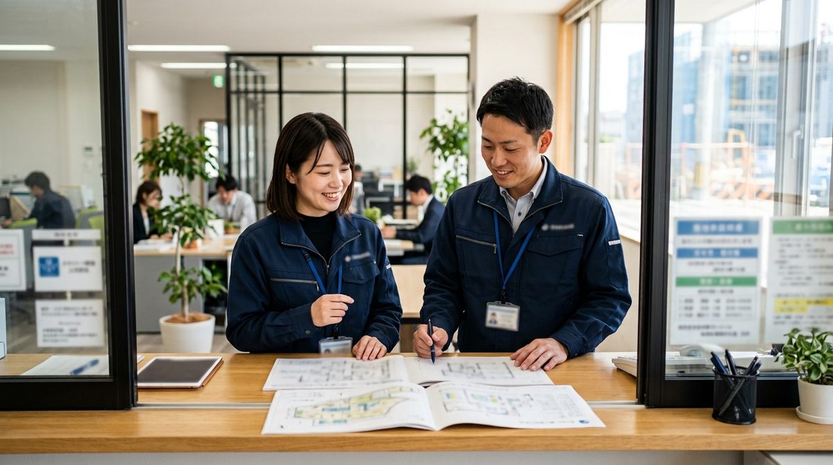 作業服の男女がカウンターで笑顔で間取り図に書き込む