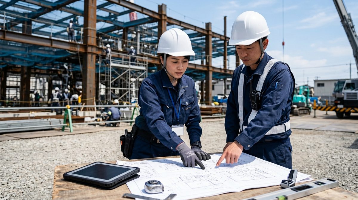 建設現場で設計図面を指差し打ち合わせる男女作業員