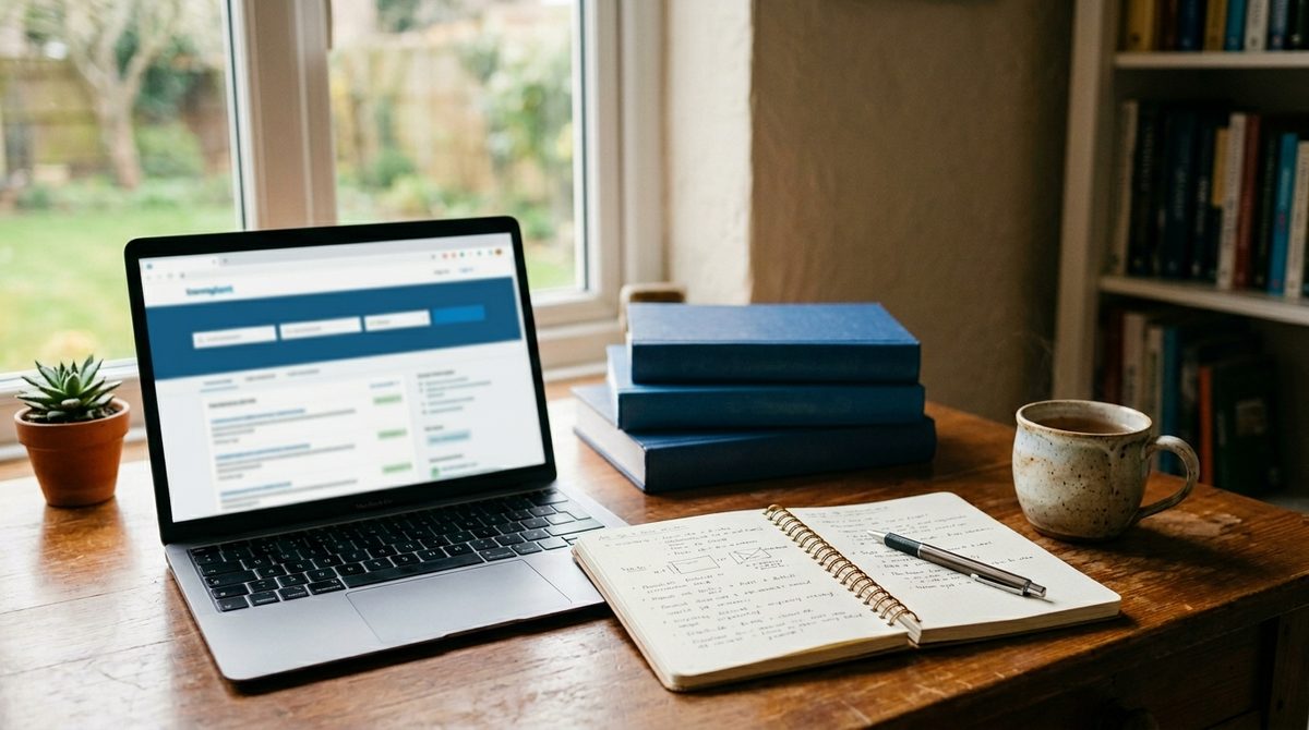 自宅の落ち着いた環境で、転職活動やキャリアアップのための学習や情報収集に取り組む様子を表す画像です。