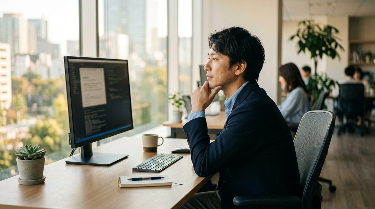 PCで情報を見ながら集中して思考する施工管理または建設設備エンジニアの様子で、オフィスでの業務や分析の重要性を示唆します。