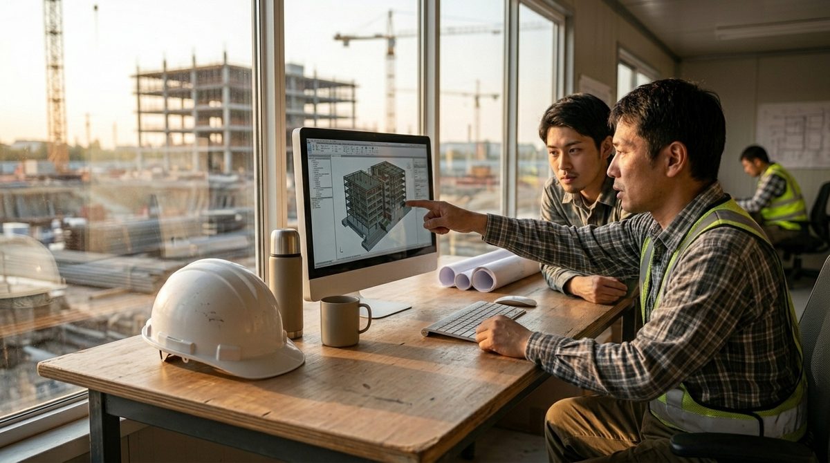 建設現場の事務所で、施工管理技士がBIM/CADソフトウェアを用いて建築物の3Dモデルを確認し、連携して業務を進めている様子。