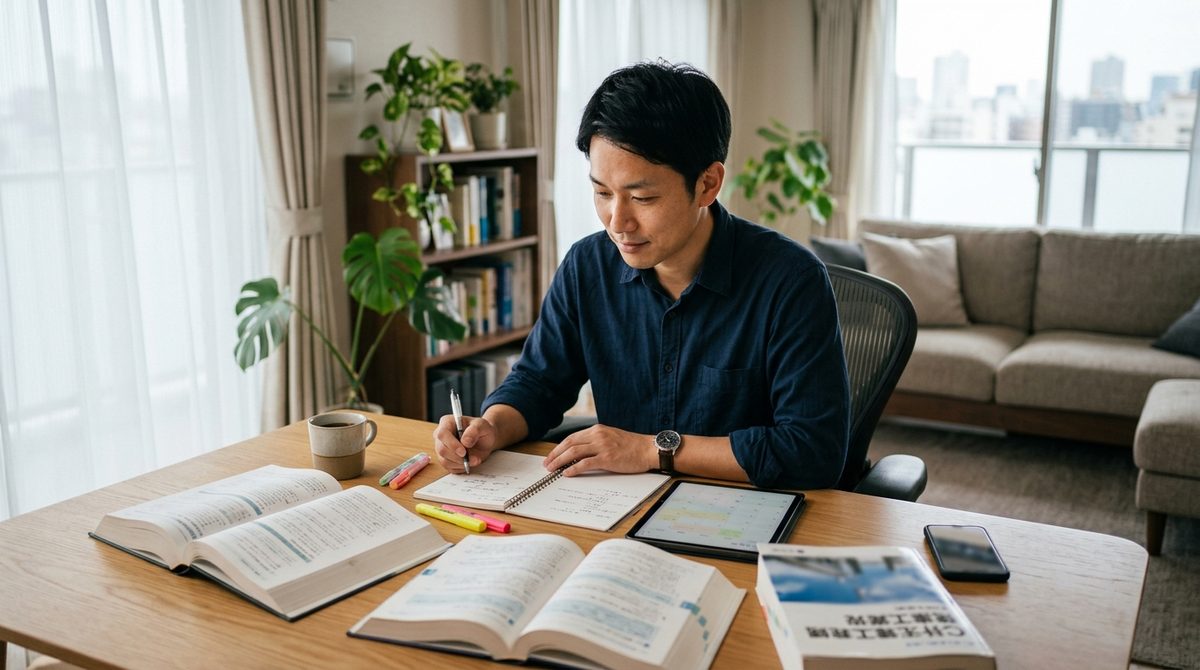 自宅で本とタブレットを見ながらノートに書く男性
